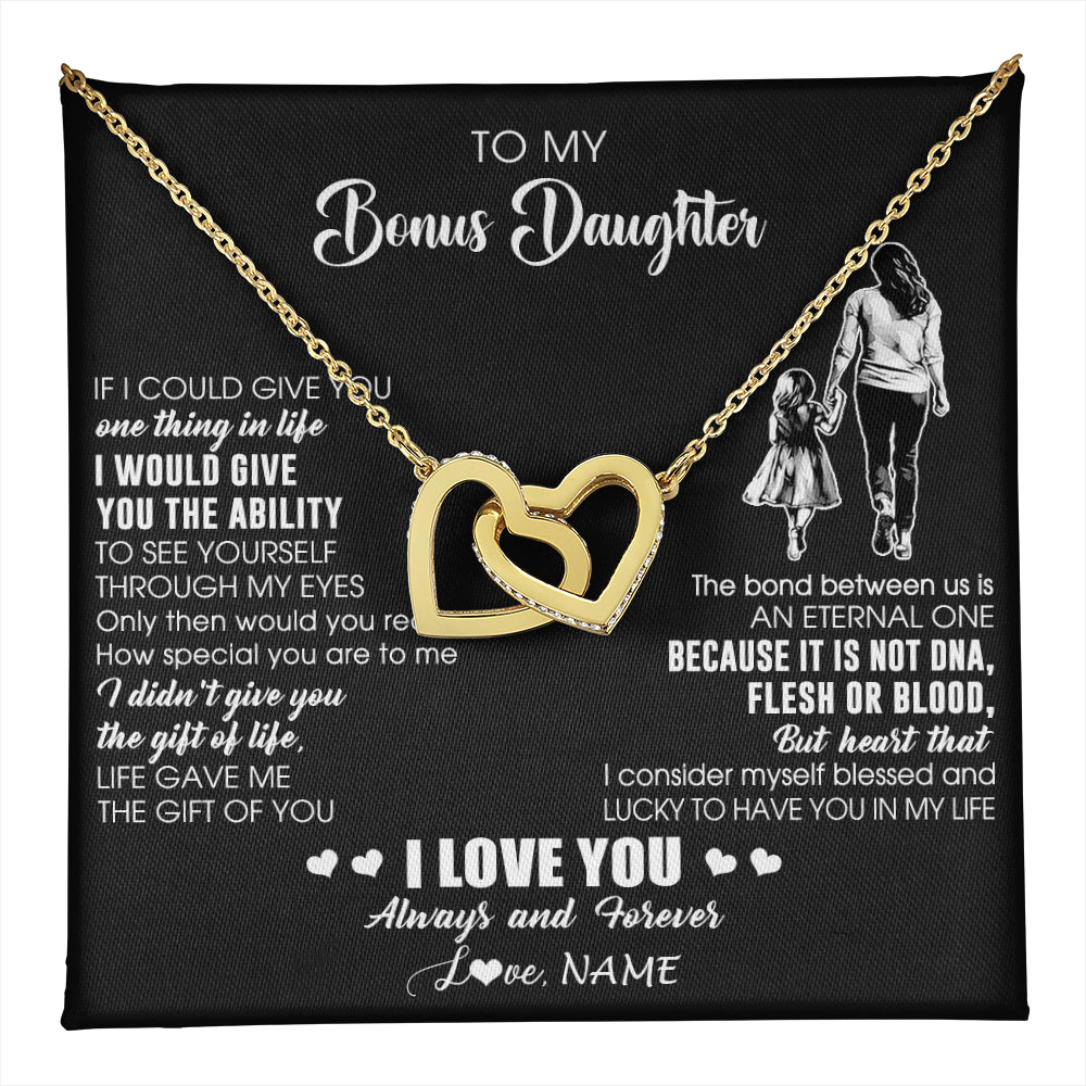 Interlocking Hearts Necklace 18K Yellow Gold Finish | 1 | Personalized To My Bonus Daughter Necklace From Stepmom It Is Not DNA I Love You Birthday Gifts Meaningful Christmas Customized Gift Box Message Card | teecentury