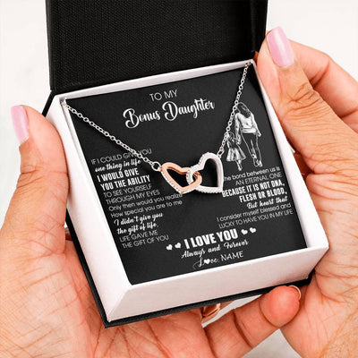 Interlocking Hearts Necklace Stainless Steel & Rose Gold Finish | 2 | Personalized To My Bonus Daughter Necklace From Stepmom It Is Not DNA I Love You Birthday Gifts Meaningful Christmas Customized Gift Box Message Card | teecentury