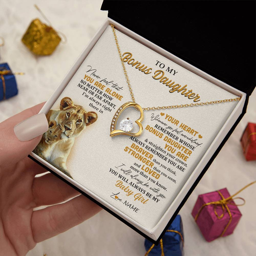 Forever Love Necklace 18K Yellow Gold Finish | 2 | Personalized To My Bonus Daughter Necklace From Stepmom Lion Never Feel You Are Alone Great Stepdaughter Birthday Christmas Customized Gift Box Message Card | teecentury