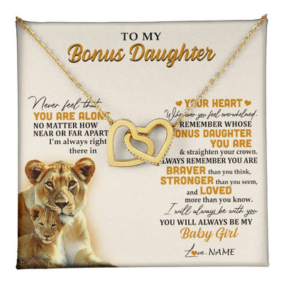 Interlocking Hearts Necklace 18K Yellow Gold Finish | 1 | Personalized To My Bonus Daughter Necklace From Stepmom Lion Never Feel You Are Alone Great Stepdaughter Birthday Christmas Customized Gift Box Message Card | teecentury