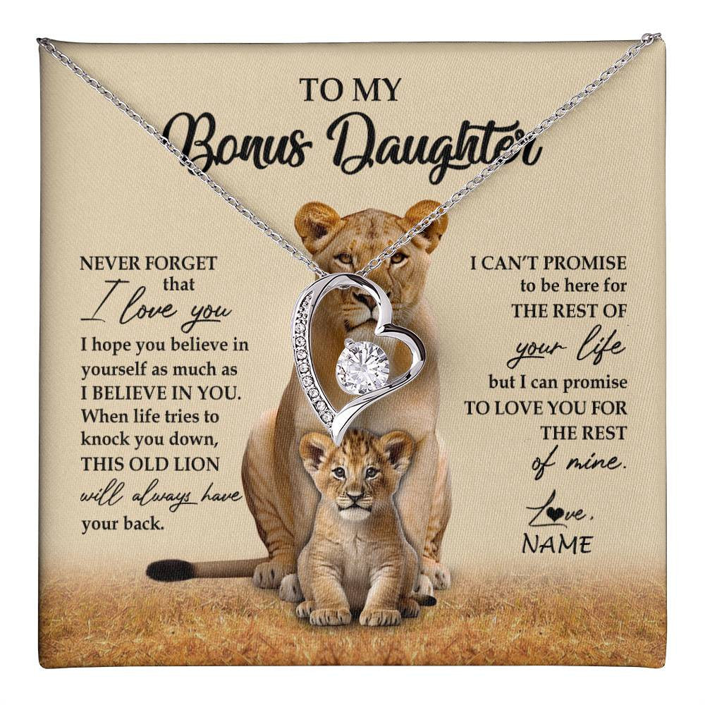 Forever Love Necklace 14K White Gold Finish | 1 | Personalized To My Bonus Daughter Necklace From Stepmom Lion Never Forget That I Love You Stepdaughter Jewelry Birthday Christmas Customized Message Card | teecentury