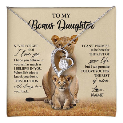 Forever Love Necklace 14K White Gold Finish | 1 | Personalized To My Bonus Daughter Necklace From Stepmom Lion Never Forget That I Love You Stepdaughter Jewelry Birthday Christmas Customized Message Card | teecentury