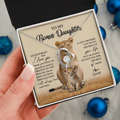 Forever Love Necklace 14K White Gold Finish | 2 | Personalized To My Bonus Daughter Necklace From Stepmom Lion Never Forget That I Love You Stepdaughter Jewelry Birthday Christmas Customized Message Card | teecentury