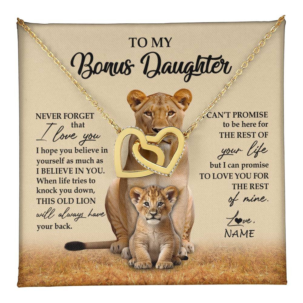 Interlocking Hearts Necklace 18K Yellow Gold Finish | 1 | Personalized To My Bonus Daughter Necklace From Stepmom Lion Never Forget That I Love You Stepdaughter Jewelry Birthday Christmas Customized Message Card | teecentury