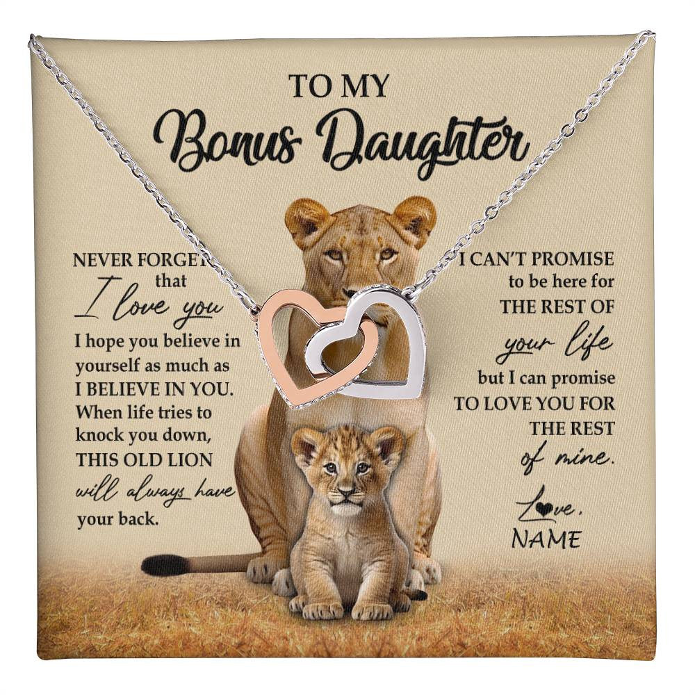 Interlocking Hearts Necklace Stainless Steel & Rose Gold Finish | 1 | Personalized To My Bonus Daughter Necklace From Stepmom Lion Never Forget That I Love You Stepdaughter Jewelry Birthday Christmas Customized Message Card | teecentury