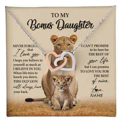 Interlocking Hearts Necklace Stainless Steel & Rose Gold Finish | 1 | Personalized To My Bonus Daughter Necklace From Stepmom Lion Never Forget That I Love You Stepdaughter Jewelry Birthday Christmas Customized Message Card | teecentury