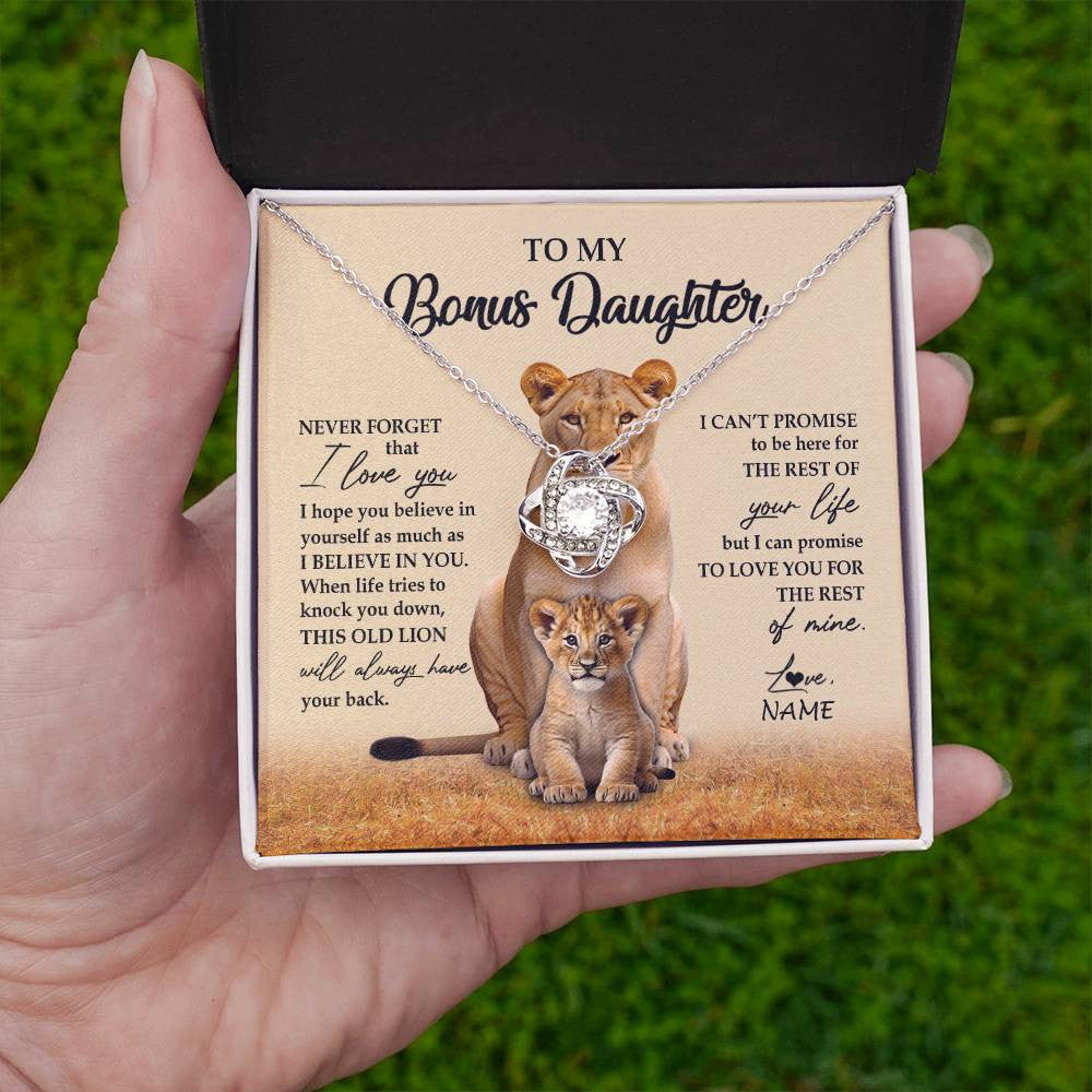 Love Knot Necklace 14K White Gold Finish | 2 | Personalized To My Bonus Daughter Necklace From Stepmom Lion Never Forget That I Love You Stepdaughter Jewelry Birthday Christmas Customized Message Card | teecentury