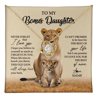 Love Knot Necklace 18K Yellow Gold Finish | 1 | Personalized To My Bonus Daughter Necklace From Stepmom Lion Never Forget That I Love You Stepdaughter Jewelry Birthday Christmas Customized Message Card | teecentury