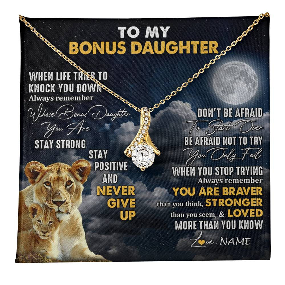 Alluring Beauty Necklace 18K Yellow Gold Finish | 1 | Personalized To My Bonus Daughter Necklace From Stepmom Lion Never Give Up Stepdaughter Birthday Graduation Christmas Customized Gift Box Message Card | teecentury