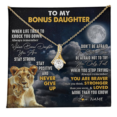 Alluring Beauty Necklace 18K Yellow Gold Finish | 1 | Personalized To My Bonus Daughter Necklace From Stepmom Lion Never Give Up Stepdaughter Birthday Graduation Christmas Customized Gift Box Message Card | teecentury