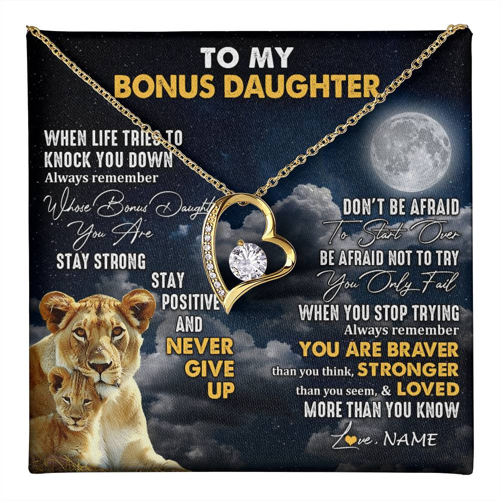 Forever Love Necklace 18K Yellow Gold Finish | 1 | Personalized To My Bonus Daughter Necklace From Stepmom Lion Never Give Up Stepdaughter Birthday Graduation Christmas Customized Gift Box Message Card | teecentury