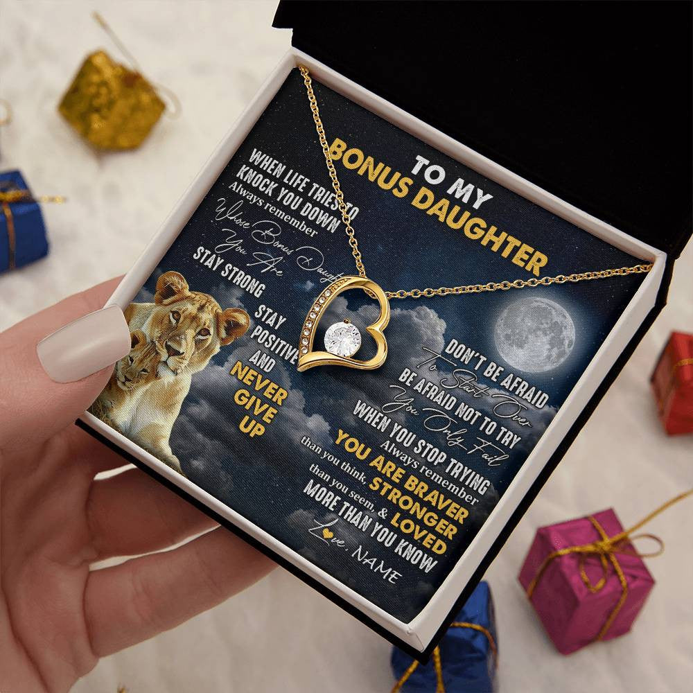 Forever Love Necklace 18K Yellow Gold Finish | 2 | Personalized To My Bonus Daughter Necklace From Stepmom Lion Never Give Up Stepdaughter Birthday Graduation Christmas Customized Gift Box Message Card | teecentury