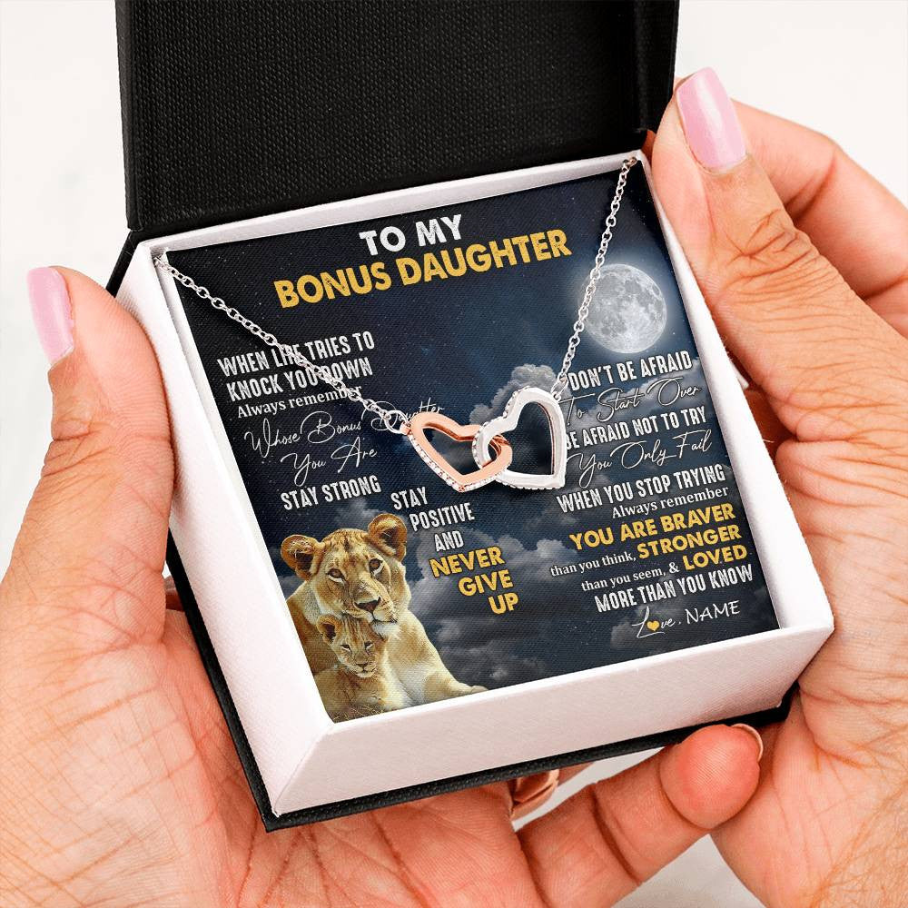 Interlocking Hearts Necklace Stainless Steel & Rose Gold Finish | 2 | Personalized To My Bonus Daughter Necklace From Stepmom Lion Never Give Up Stepdaughter Birthday Graduation Christmas Customized Gift Box Message Card | teecentury