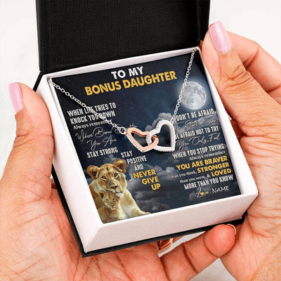 Interlocking Hearts Necklace Stainless Steel & Rose Gold Finish | 2 | Personalized To My Bonus Daughter Necklace From Stepmom Lion Never Give Up Stepdaughter Birthday Graduation Christmas Customized Gift Box Message Card | teecentury