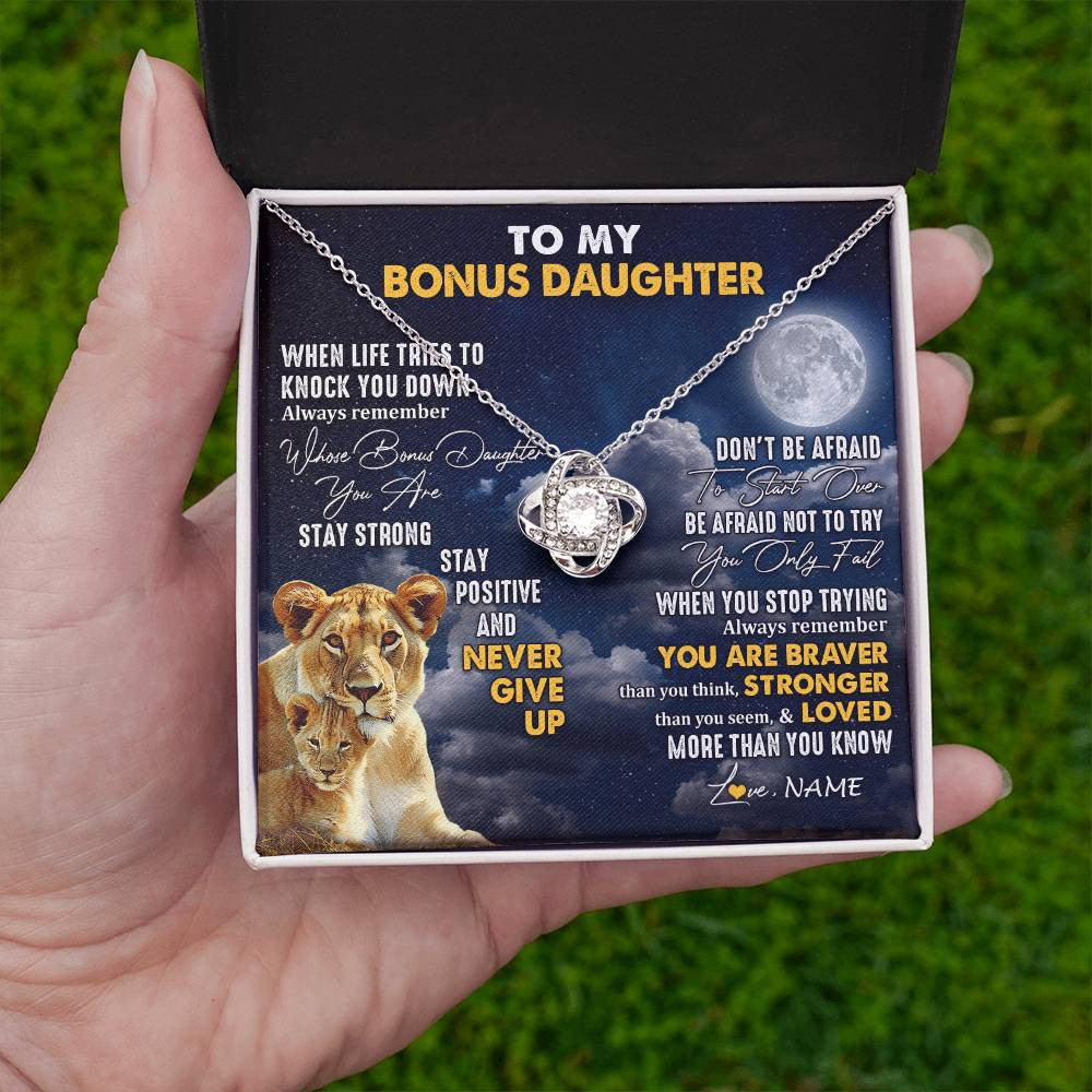 Love Knot Necklace 14K White Gold Finish | 2 | Personalized To My Bonus Daughter Necklace From Stepmom Lion Never Give Up Stepdaughter Birthday Graduation Christmas Customized Gift Box Message Card | teecentury