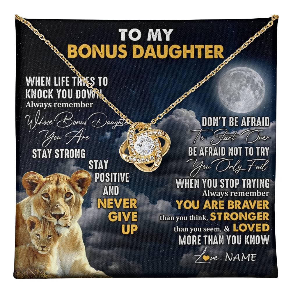 Love Knot Necklace 18K Yellow Gold Finish | 1 | Personalized To My Bonus Daughter Necklace From Stepmom Lion Never Give Up Stepdaughter Birthday Graduation Christmas Customized Gift Box Message Card | teecentury