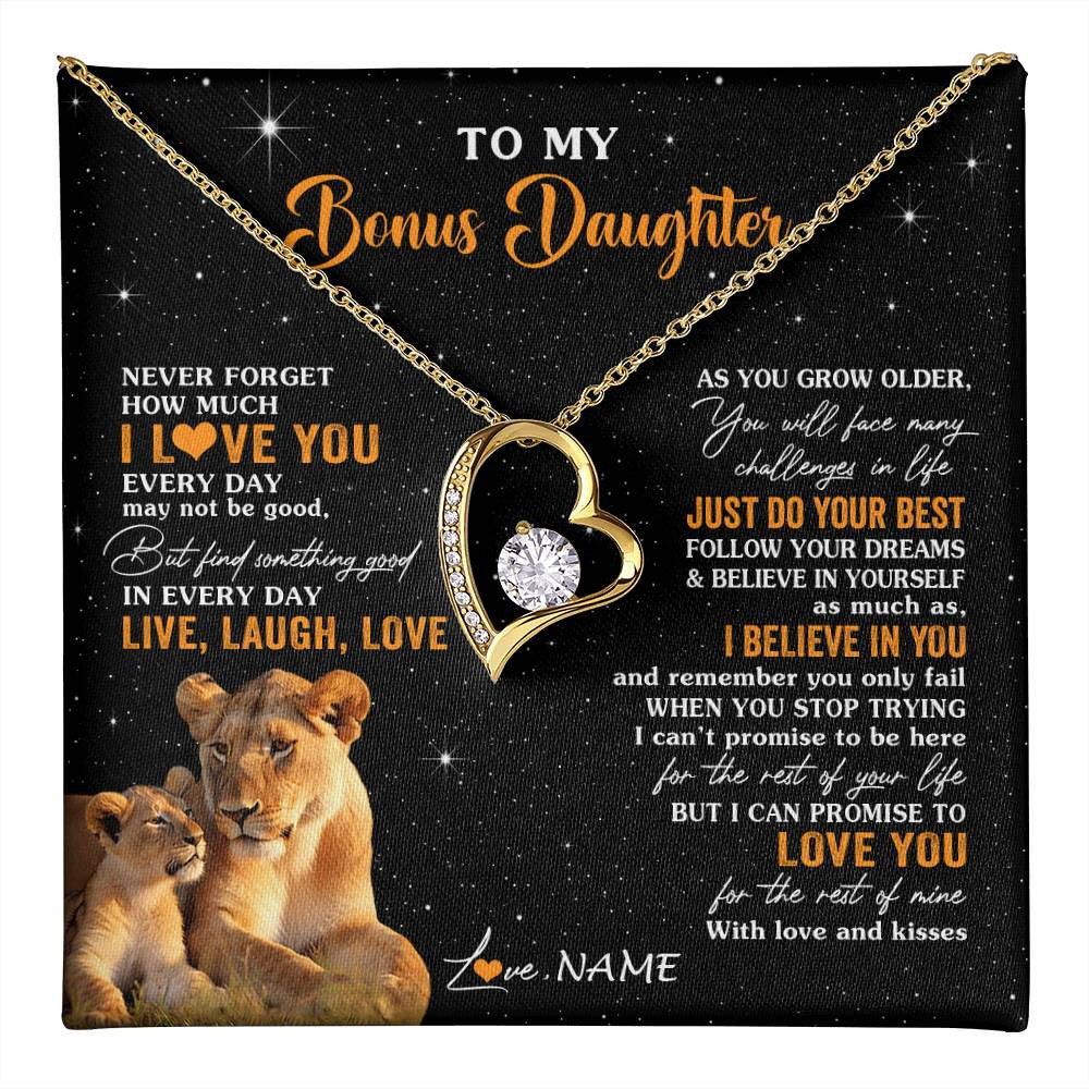 Forever Love Necklace 18K Yellow Gold Finish | 1 | Personalized To My Bonus Daughter Necklace From Stepmom Live Laugh Love Lion Stepdaughter Birthday Gifts Positive Christmas Customized Gift Box Message Card | teecentury