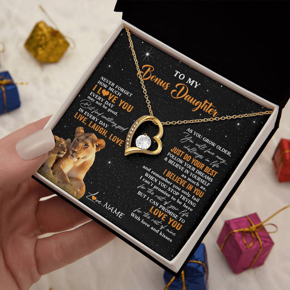 Forever Love Necklace 18K Yellow Gold Finish | 2 | Personalized To My Bonus Daughter Necklace From Stepmom Live Laugh Love Lion Stepdaughter Birthday Gifts Positive Christmas Customized Gift Box Message Card | teecentury