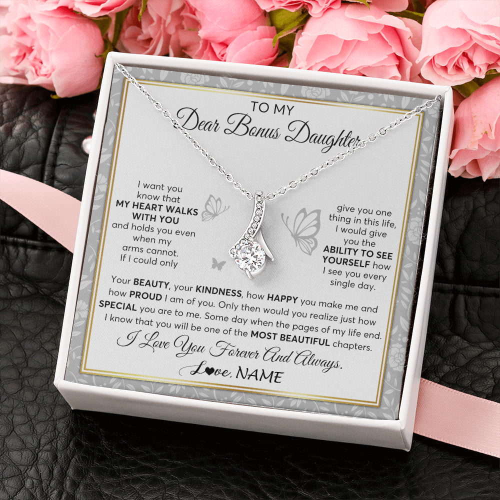 Alluring Beauty Necklace 14K White Gold Finish | 2 | Personalized To My Bonus Daughter Necklace From Stepmom My Heart Walks With You Birthday Gifts Jewelry Graduation Christmas Customized Gift Box Message Card | teecentury