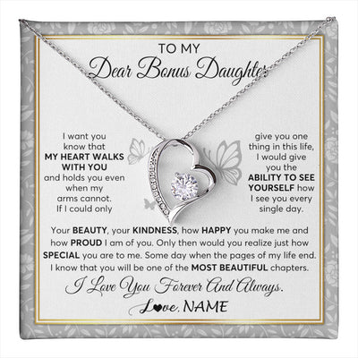 Forever Love Necklace 14K White Gold Finish | 1 | Personalized To My Bonus Daughter Necklace From Stepmom My Heart Walks With You Birthday Gifts Jewelry Graduation Christmas Customized Gift Box Message Card | teecentury