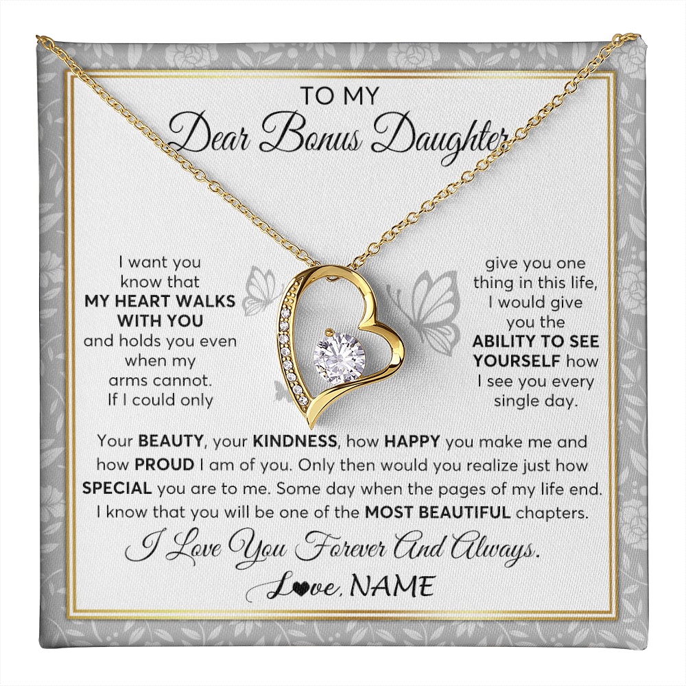 Forever Love Necklace 18K Yellow Gold Finish | 1 | Personalized To My Bonus Daughter Necklace From Stepmom My Heart Walks With You Birthday Gifts Jewelry Graduation Christmas Customized Gift Box Message Card | teecentury