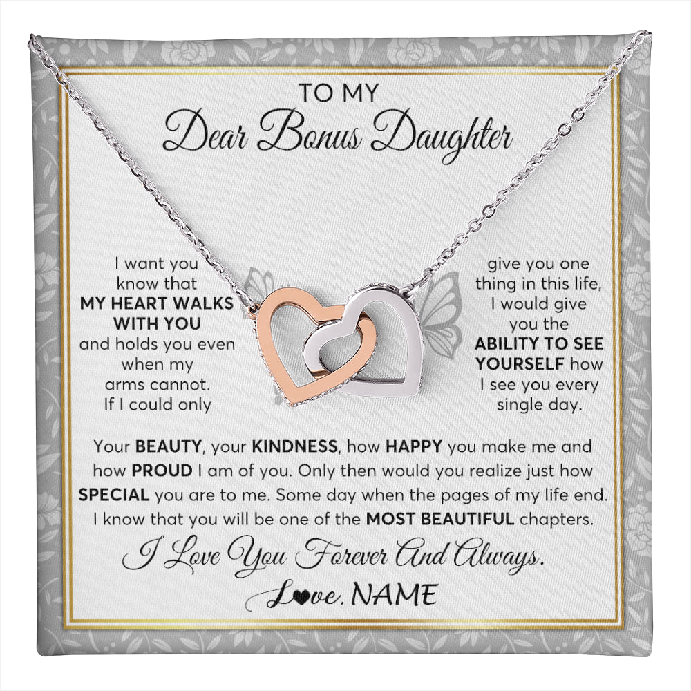 Interlocking Hearts Necklace Stainless Steel & Rose Gold Finish | 1 | Personalized To My Bonus Daughter Necklace From Stepmom My Heart Walks With You Birthday Gifts Jewelry Graduation Christmas Customized Gift Box Message Card | teecentury