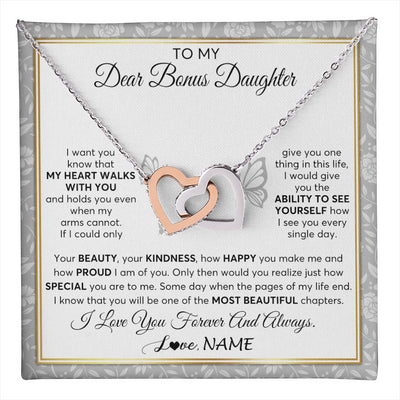Interlocking Hearts Necklace Stainless Steel & Rose Gold Finish | 1 | Personalized To My Bonus Daughter Necklace From Stepmom My Heart Walks With You Birthday Gifts Jewelry Graduation Christmas Customized Gift Box Message Card | teecentury
