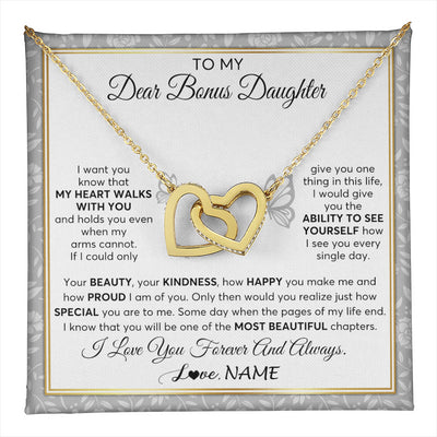 Interlocking Hearts Necklace 18K Yellow Gold Finish | 1 | Personalized To My Bonus Daughter Necklace From Stepmom My Heart Walks With You Birthday Gifts Jewelry Graduation Christmas Customized Gift Box Message Card | teecentury