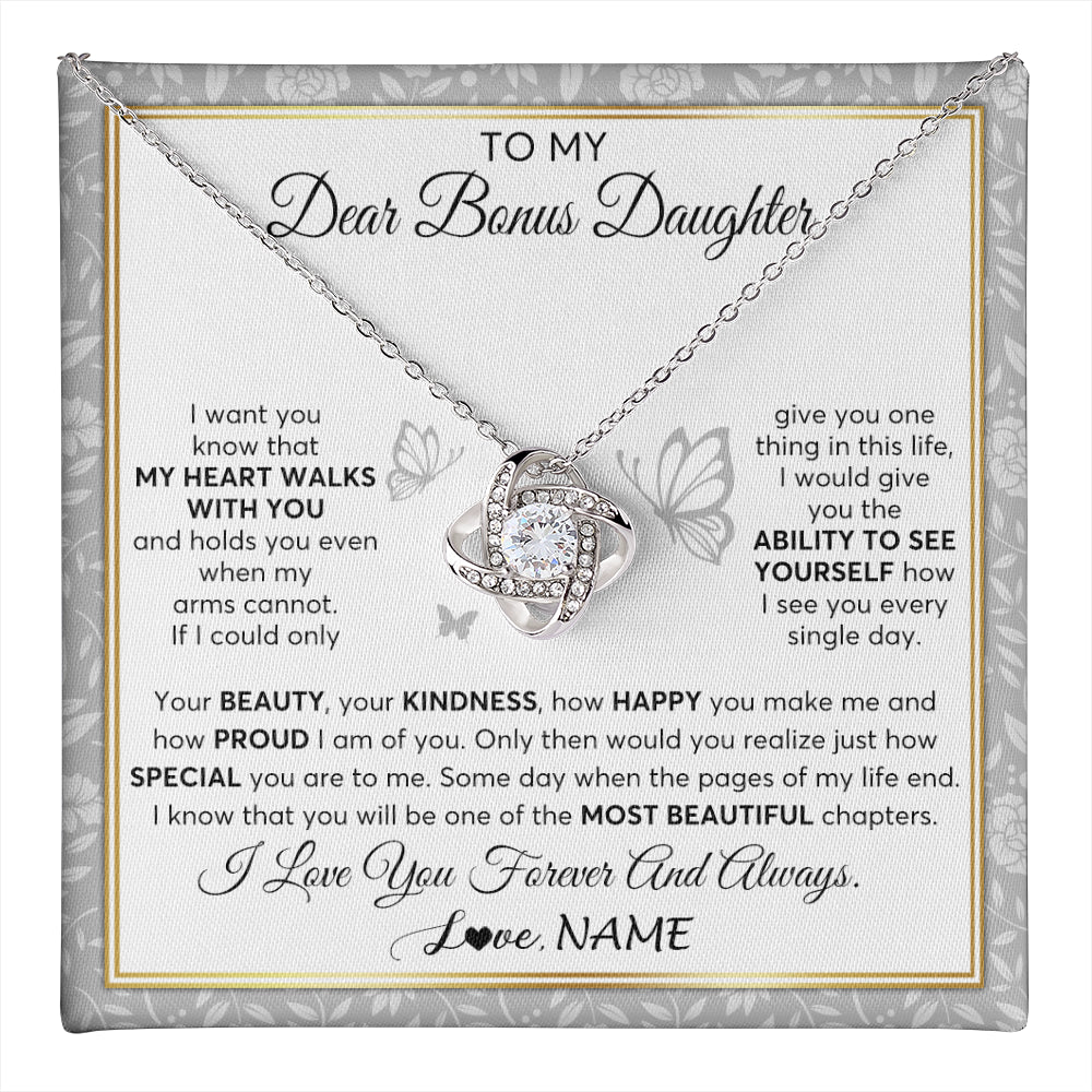 Love Knot Necklace 14K White Gold Finish | 1 | Personalized To My Bonus Daughter Necklace From Stepmom My Heart Walks With You Birthday Gifts Jewelry Graduation Christmas Customized Gift Box Message Card | teecentury