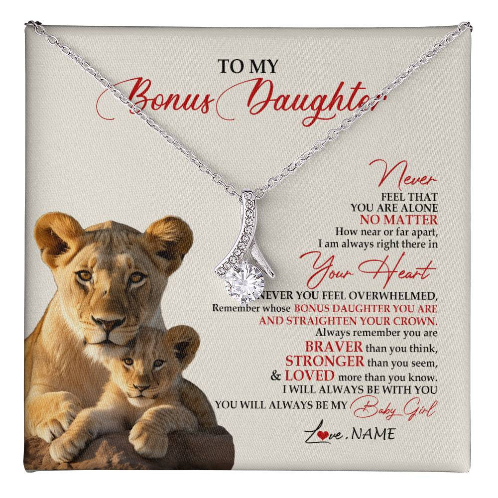 Alluring Beauty Necklace 14K White Gold Finish | 1 | Personalized To My Bonus Daughter Necklace From Stepmom Never Feel You Are Alone Lion Stepdaughter Birthday Christmas Customized Gift Box Message Card | teecentury