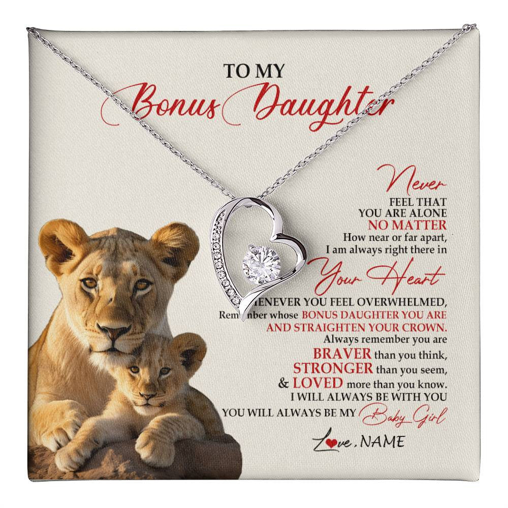 Forever Love Necklace 14K White Gold Finish | 1 | Personalized To My Bonus Daughter Necklace From Stepmom Never Feel You Are Alone Lion Stepdaughter Birthday Christmas Customized Gift Box Message Card | teecentury