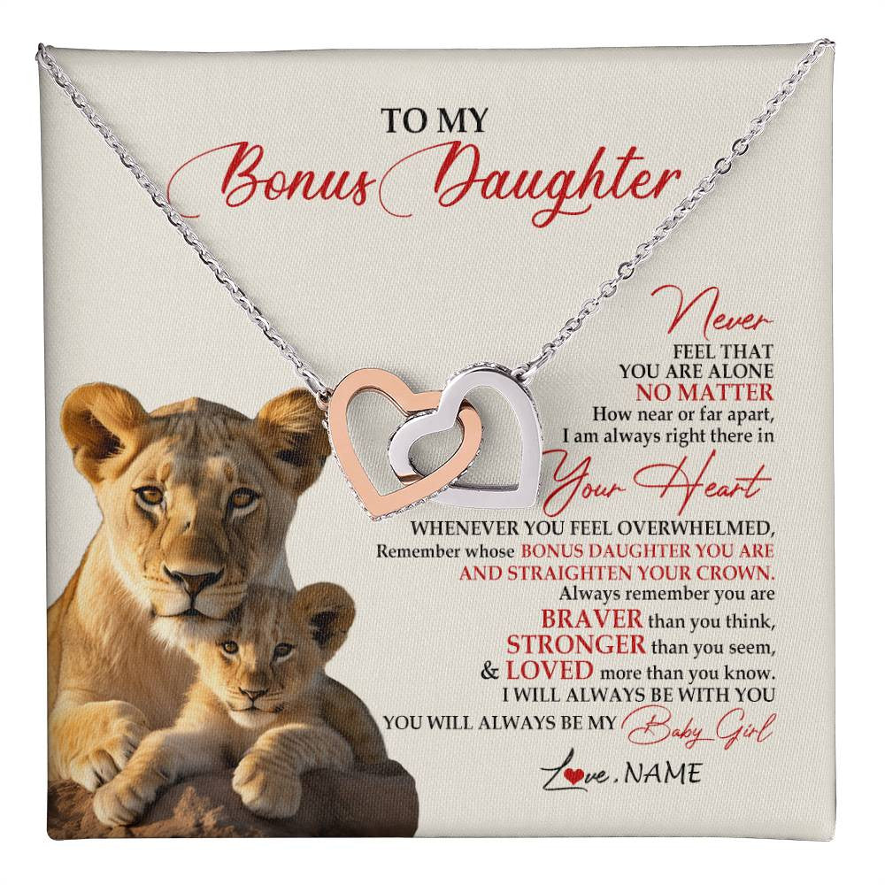 Interlocking Hearts Necklace Stainless Steel & Rose Gold Finish | 1 | Personalized To My Bonus Daughter Necklace From Stepmom Never Feel You Are Alone Lion Stepdaughter Birthday Christmas Customized Gift Box Message Card | teecentury