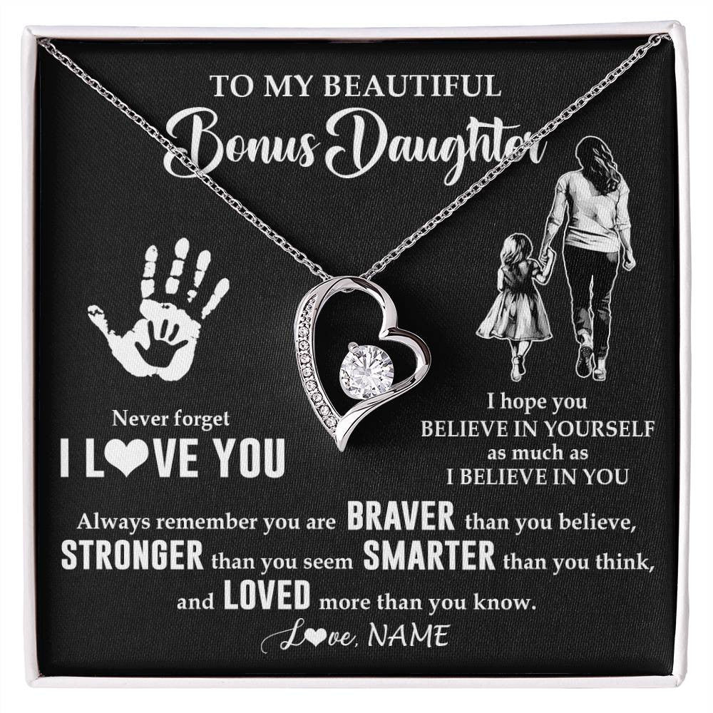 Forever Love Necklace 14K White Gold Finish | 1 | Personalized To My Bonus Daughter Necklace From Stepmom Never Forget I Love You Stepdaughter Birthday Christmas Graduation Customized Gift Box Message Card | teecentury