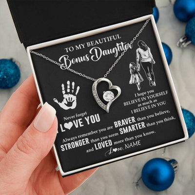 Forever Love Necklace 14K White Gold Finish | 2 | Personalized To My Bonus Daughter Necklace From Stepmom Never Forget I Love You Stepdaughter Birthday Christmas Graduation Customized Gift Box Message Card | teecentury