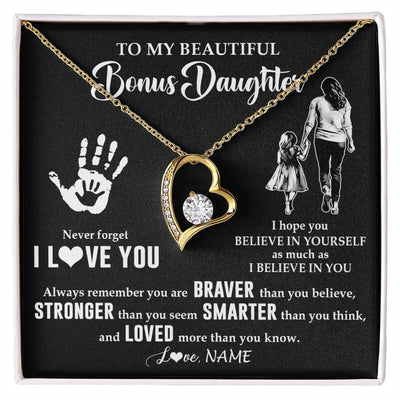 Forever Love Necklace 18K Yellow Gold Finish | 1 | Personalized To My Bonus Daughter Necklace From Stepmom Never Forget I Love You Stepdaughter Birthday Christmas Graduation Customized Gift Box Message Card | teecentury