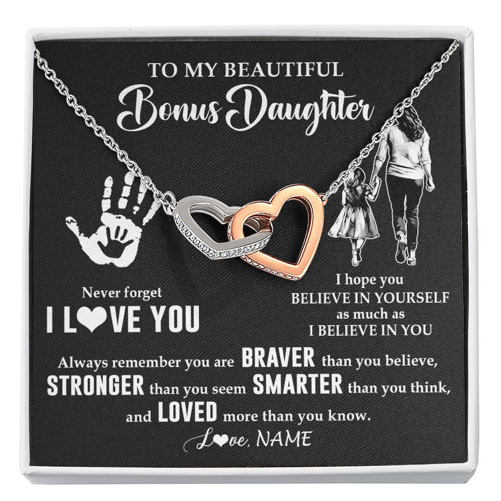Interlocking Hearts Necklace Stainless Steel & Rose Gold Finish | 1 | Personalized To My Bonus Daughter Necklace From Stepmom Never Forget I Love You Stepdaughter Birthday Christmas Graduation Customized Gift Box Message Card | teecentury
