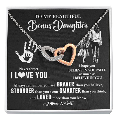 Interlocking Hearts Necklace Stainless Steel & Rose Gold Finish | 1 | Personalized To My Bonus Daughter Necklace From Stepmom Never Forget I Love You Stepdaughter Birthday Christmas Graduation Customized Gift Box Message Card | teecentury