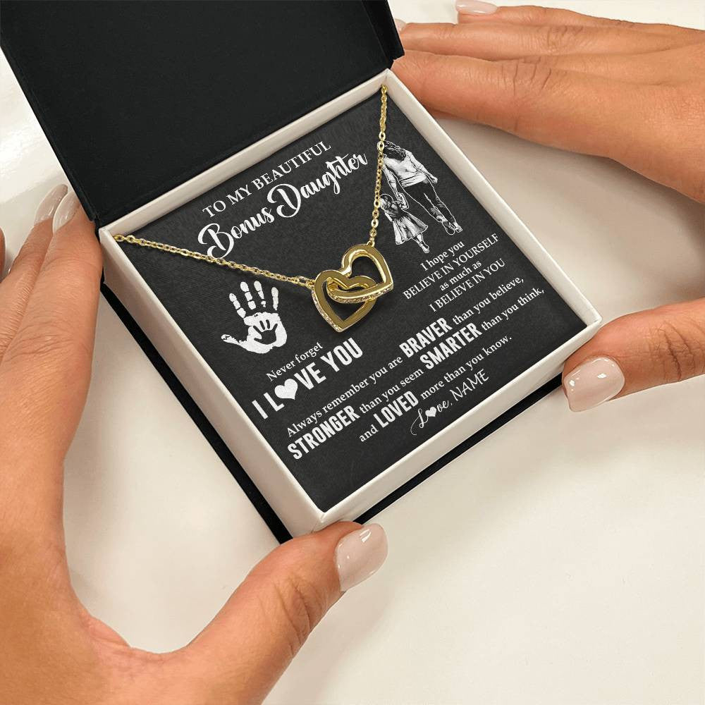 Interlocking Hearts Necklace 18K Yellow Gold Finish | 2 | Personalized To My Bonus Daughter Necklace From Stepmom Never Forget I Love You Stepdaughter Birthday Christmas Graduation Customized Gift Box Message Card | teecentury