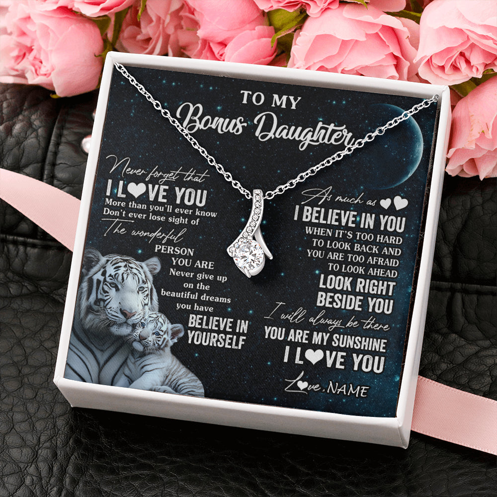 Alluring Beauty Necklace 14K White Gold Finish | 2 | Personalized To My Bonus Daughter Necklace From Stepmom Never Forget I Love You White Tiger Stepdaughter Birthday Christmas Customized Gift Box Message Card | teecentury