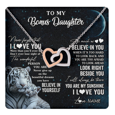 Interlocking Hearts Necklace Stainless Steel & Rose Gold Finish | 1 | Personalized To My Bonus Daughter Necklace From Stepmom Never Forget I Love You White Tiger Stepdaughter Birthday Christmas Customized Gift Box Message Card | teecentury