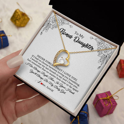 Forever Love Necklace 18K Yellow Gold Finish | 2 | Personalized To My Bonus Daughter Necklace From Stepmom Never Forget That I Love You Step Daughter Birthday Christmas Customized Gift Box Message Card | teecentury