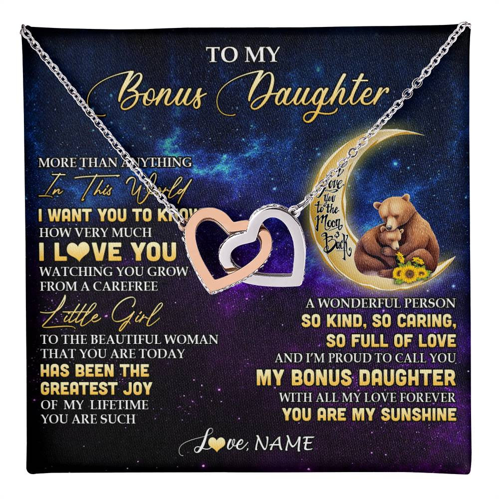 Interlocking Hearts Necklace Stainless Steel & Rose Gold Finish | 1 | Personalized To My Bonus Daughter Necklace From Stepmom Positive Energy Encourage Brave Little Bear Birthday Gifts Christmas Customized Gift Box Message Card | teecentury