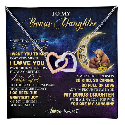 Interlocking Hearts Necklace Stainless Steel & Rose Gold Finish | 1 | Personalized To My Bonus Daughter Necklace From Stepmom Positive Energy Encourage Brave Little Bear Birthday Gifts Christmas Customized Gift Box Message Card | teecentury