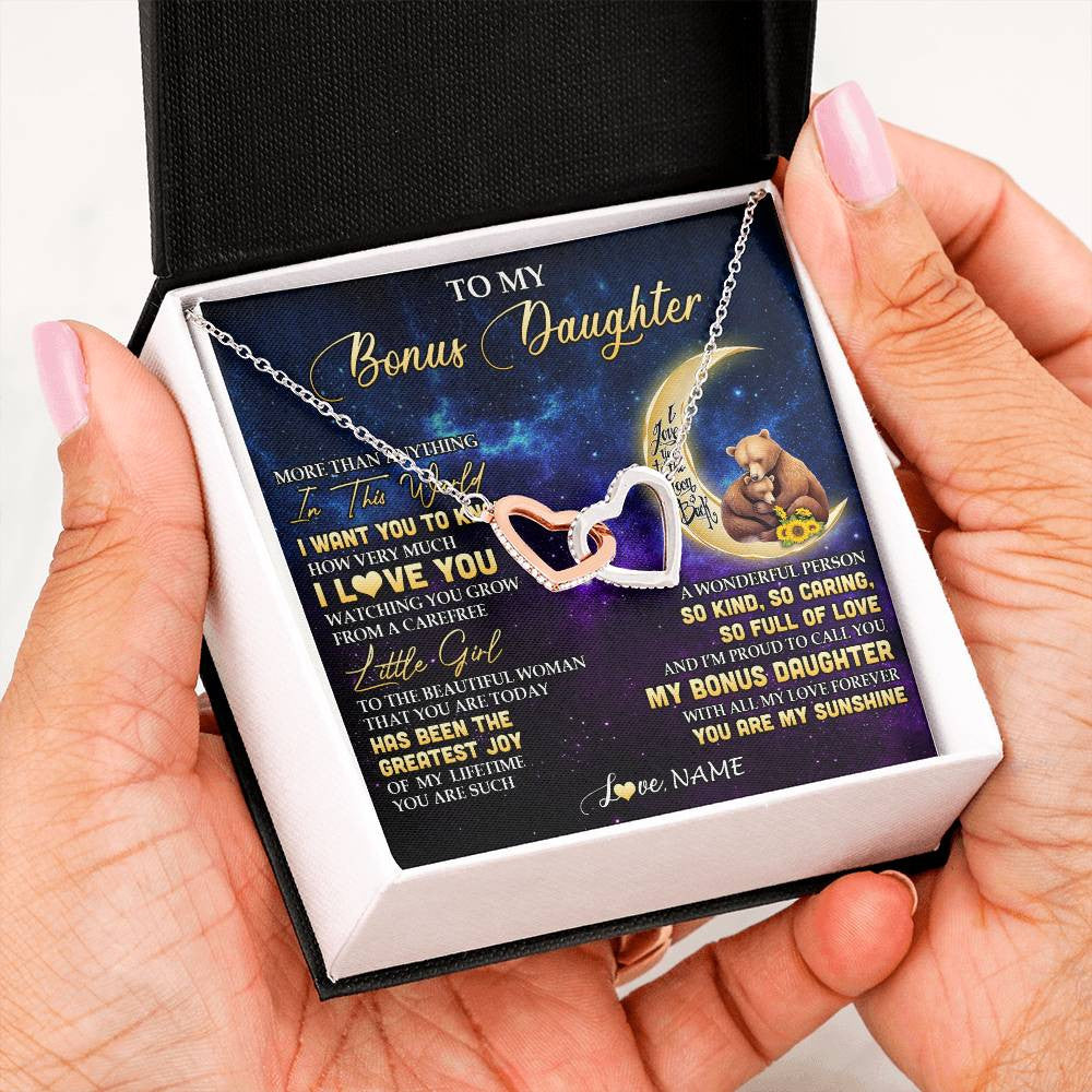 Interlocking Hearts Necklace Stainless Steel & Rose Gold Finish | 2 | Personalized To My Bonus Daughter Necklace From Stepmom Positive Energy Encourage Brave Little Bear Birthday Gifts Christmas Customized Gift Box Message Card | teecentury
