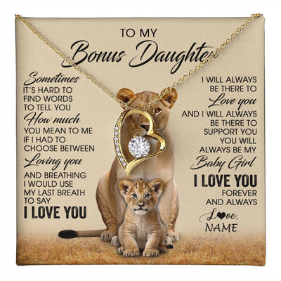 Forever Love Necklace 18K Yellow Gold Finish | 1 | Personalized To My Bonus Daughter Necklace From Stepmom Sometimes It's Hard Lion Stepdaughter Gift Birthday Jewelry Christmas Customized Gift Box Message Card | teecentury