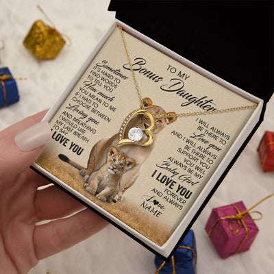 Forever Love Necklace 18K Yellow Gold Finish | 2 | Personalized To My Bonus Daughter Necklace From Stepmom Sometimes It's Hard Lion Stepdaughter Gift Birthday Jewelry Christmas Customized Gift Box Message Card | teecentury