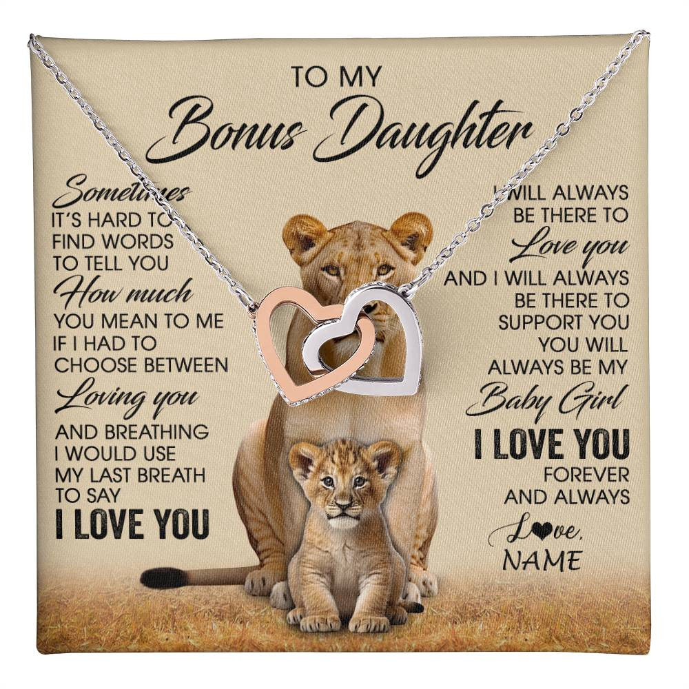 Interlocking Hearts Necklace Stainless Steel & Rose Gold Finish | 1 | Personalized To My Bonus Daughter Necklace From Stepmom Sometimes It's Hard Lion Stepdaughter Gift Birthday Jewelry Christmas Customized Gift Box Message Card | teecentury