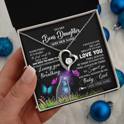 Forever Love Necklace 14K White Gold Finish | 2 | Personalized To My Bonus Daughter Necklace From Stepmom Stepdad Butterfly Sometimes Say I Love You Stepdaughter Birthday Christmas Gift Box Message Card | teecentury.myshopify