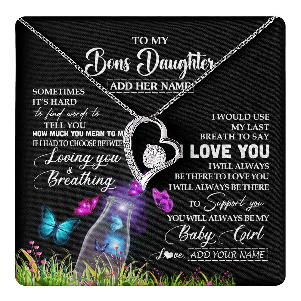 Forever Love Necklace 14K White Gold Finish | 1 | Personalized To My Bonus Daughter Necklace From Stepmom Stepdad Butterfly Sometimes Say I Love You Stepdaughter Birthday Christmas Gift Box Message Card | teecentury.myshopify