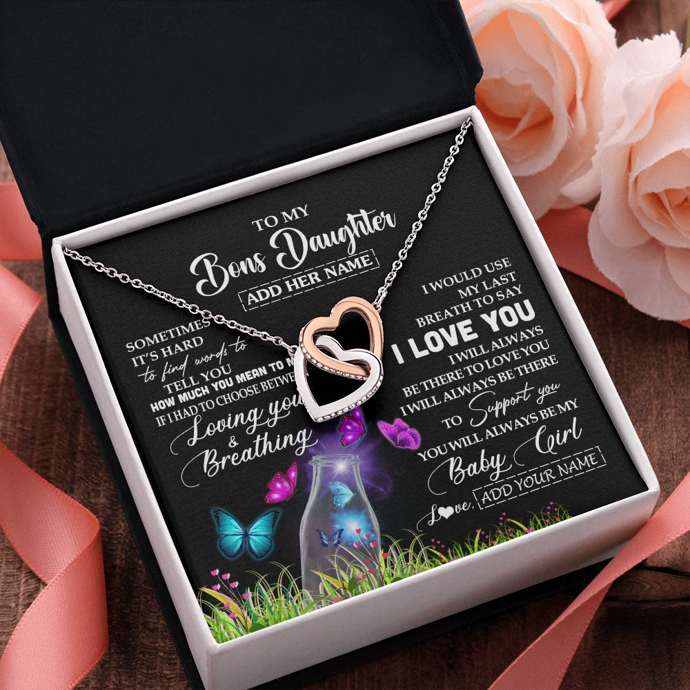 Interlocking Hearts Necklace Stainless Steel & Rose Gold Finish | 2 | Personalized To My Bonus Daughter Necklace From Stepmom Stepdad Butterfly Sometimes Say I Love You Stepdaughter Birthday Christmas Gift Box Message Card | teecentury.myshopify